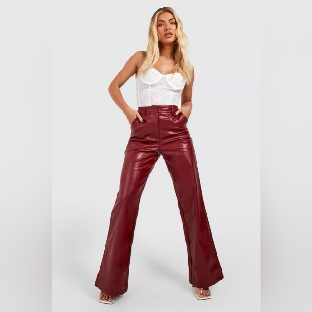Faux Leather Wide Leg Pants Split Hem Red High Rise Trendy NWT Sz 6
